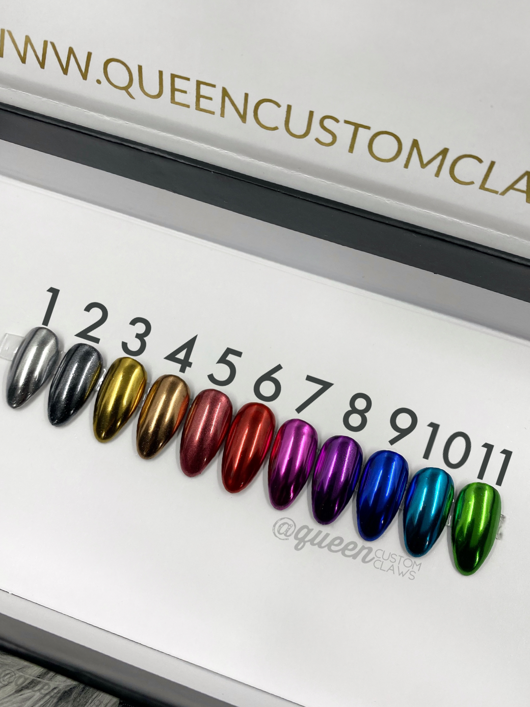 This image shows the variety of chrome colored finishes available on custom handmade press on nails. It features 11 chrome shiny chrome nail finishes. Pink chrome purple chrome blue chrome aqua teal chrome press on nails green chrome  press on nails silver chrome press on nails gold chrome nails