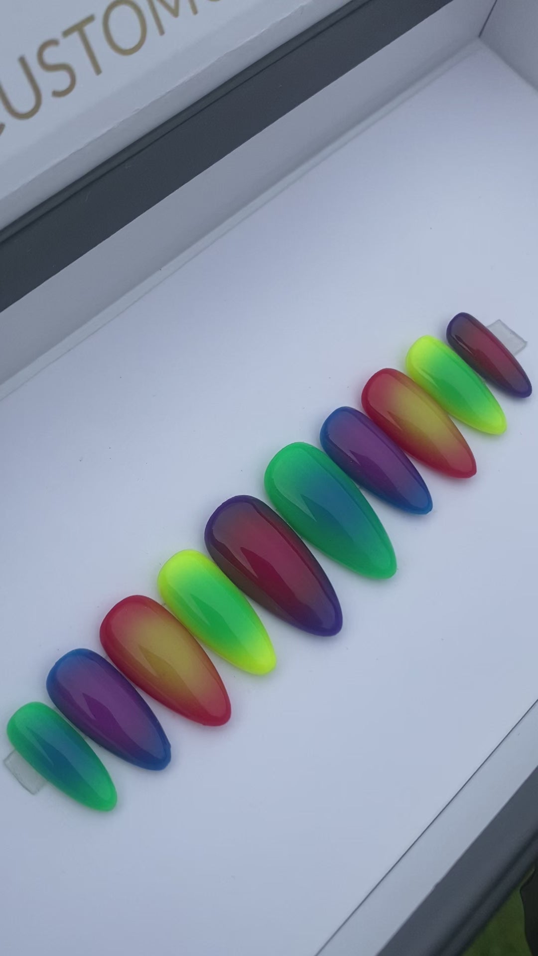 Aura Ombré Skittled colors press-on nails! These stunning rainbow aura nails come in a colorful skittles pattern