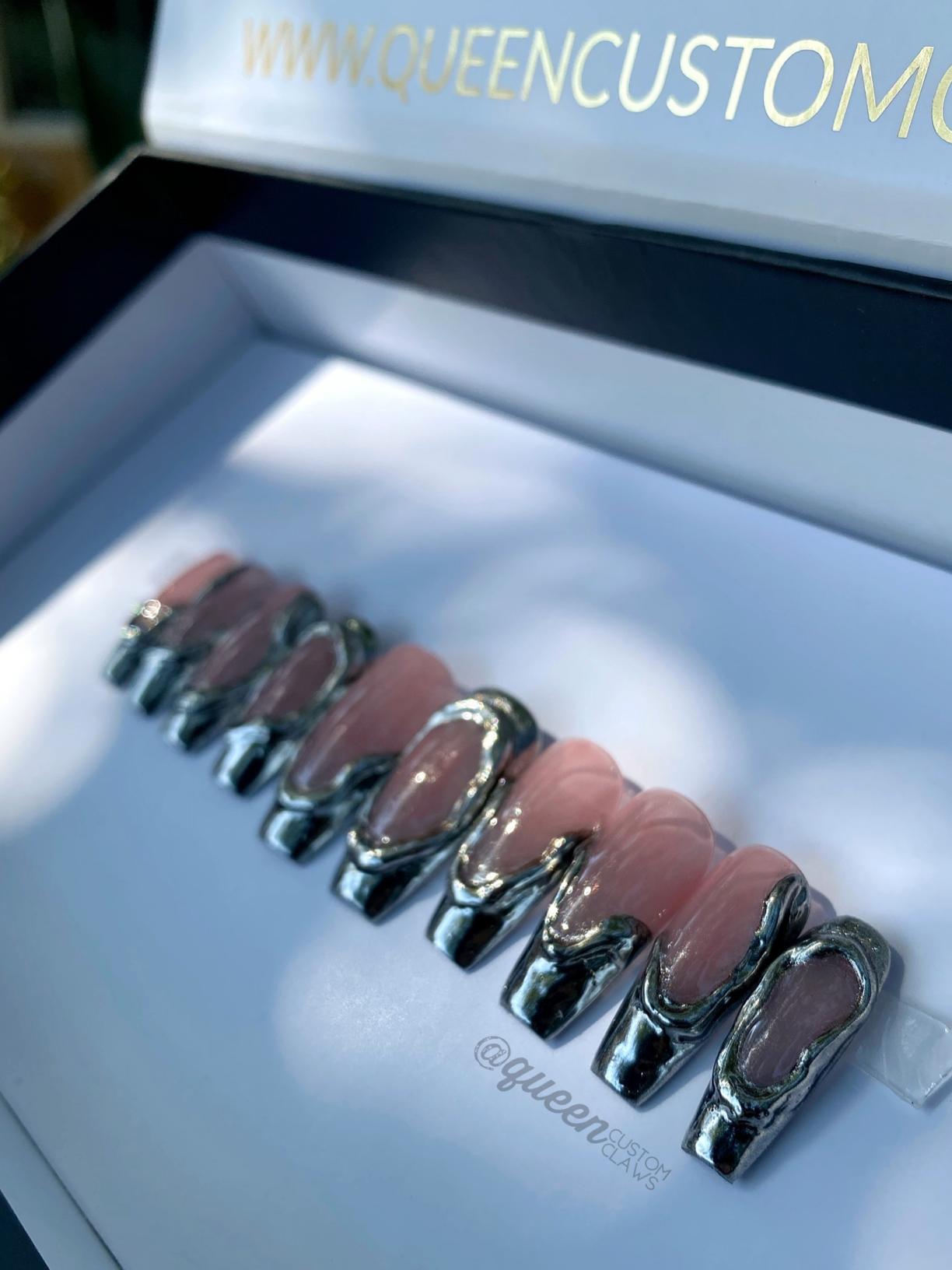 Luxury Gel Press On Nails,Marine W Bling , Long Coffin, 10p Nail Set W/ kit  | eBay