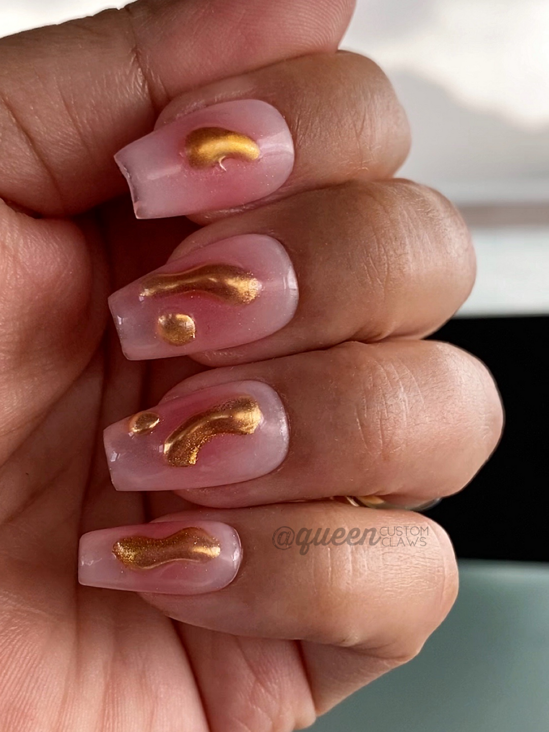 Chrome Ombre Press-on Nails! These trendy 3D chrome blobs will give you an avant-garde style .  blush nude nails with gold 3d blobs