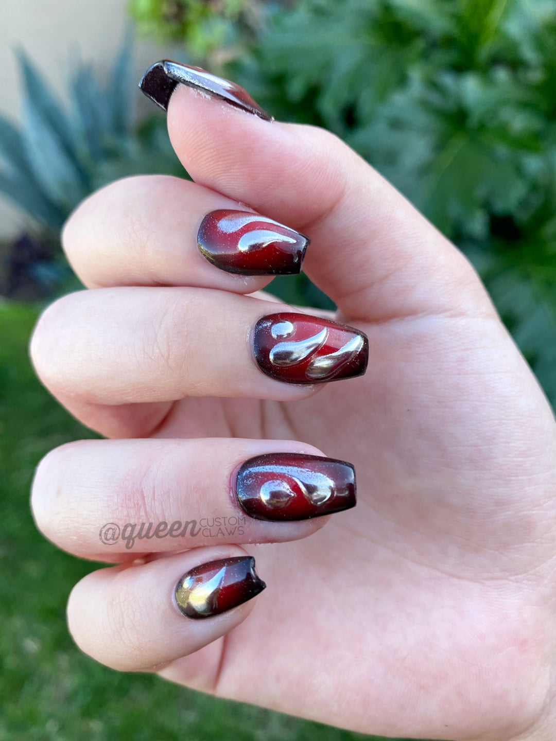 red and black ombre aura nails with a 3d silver chrome blobs. custom gel handmade press on nails Chrome Ombre Press-on Nails! These trendy 3D chrome blobs will give you an avant-garde style .
