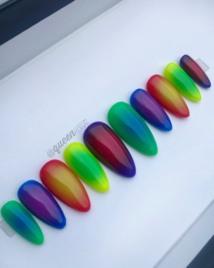 Aura Ombré Skittled colors press-on nails! These stunning rainbow aura nails come in a colorful skittles pattern