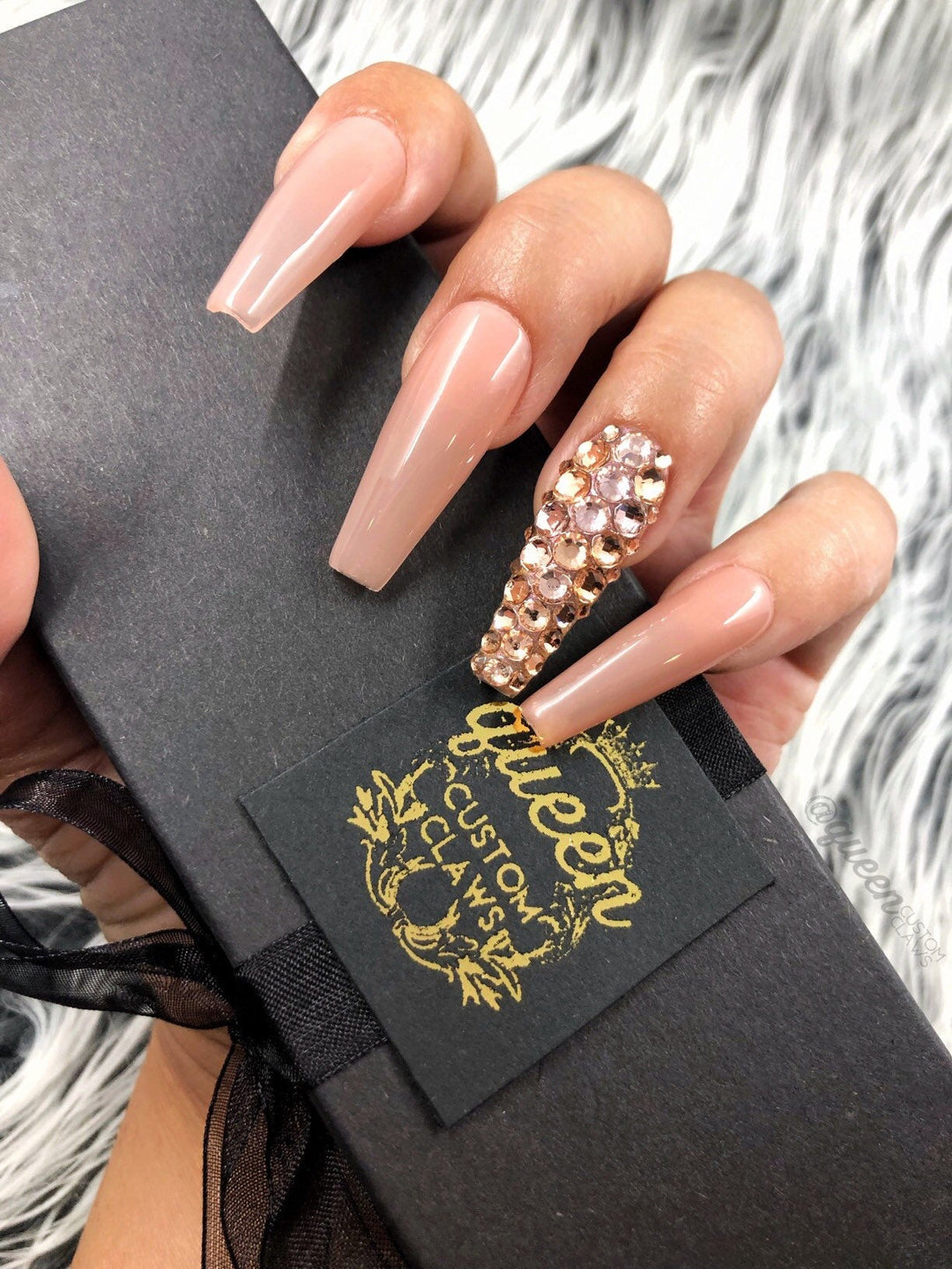 Black and Rose Gold Nails with Rhinestones