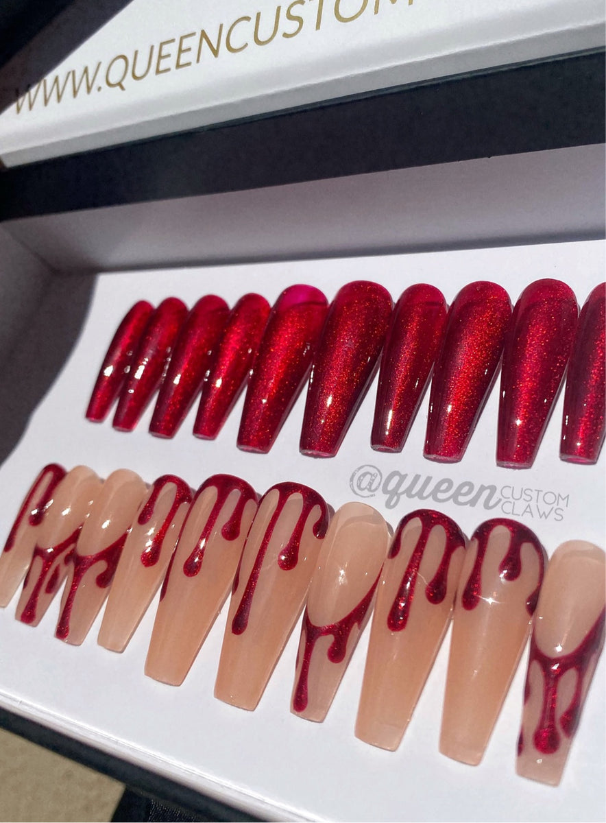 BloodLust- drip outlined french tip press on nails – Queen Custom Claws