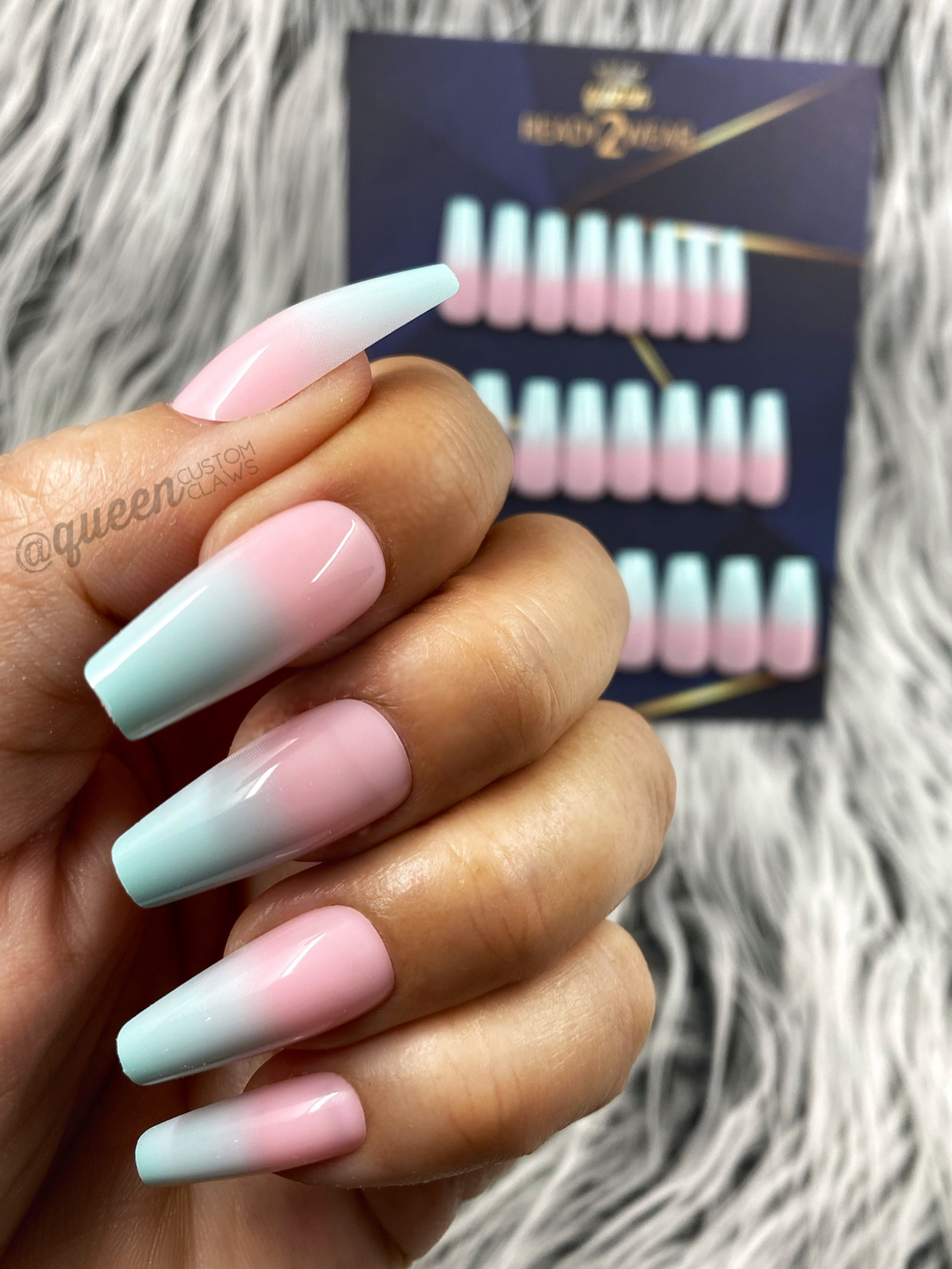 Ready2Wear | Cotton Candy pink & blue French Ombré: Sculpted Coffin Press-on nails
