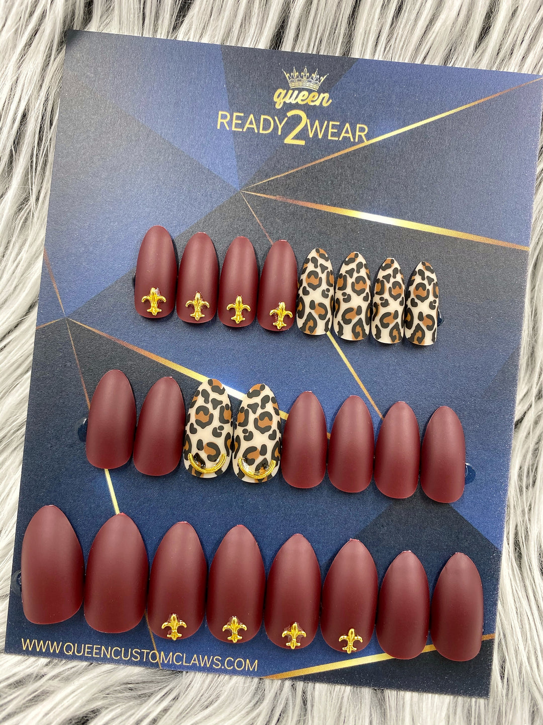 Ready2Wear HMA| Royal Leopard Wine: Almond/stiletto Press-on nails