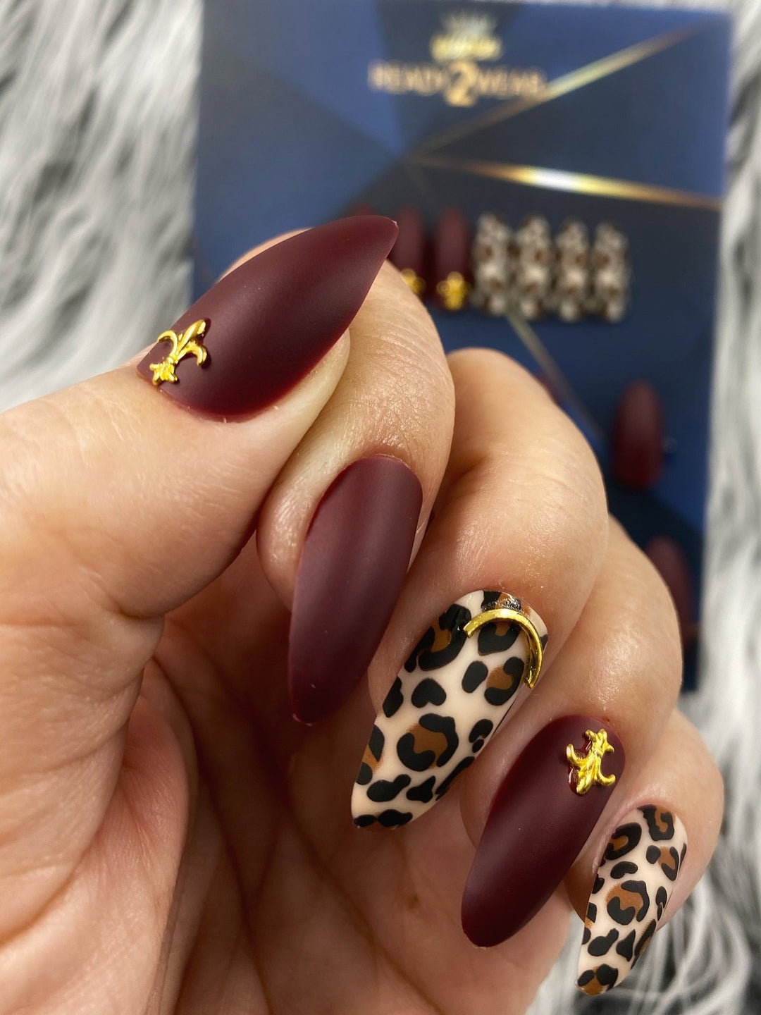 Ready2Wear HMA| Royal Leopard Wine: Almond/stiletto Press-on nails