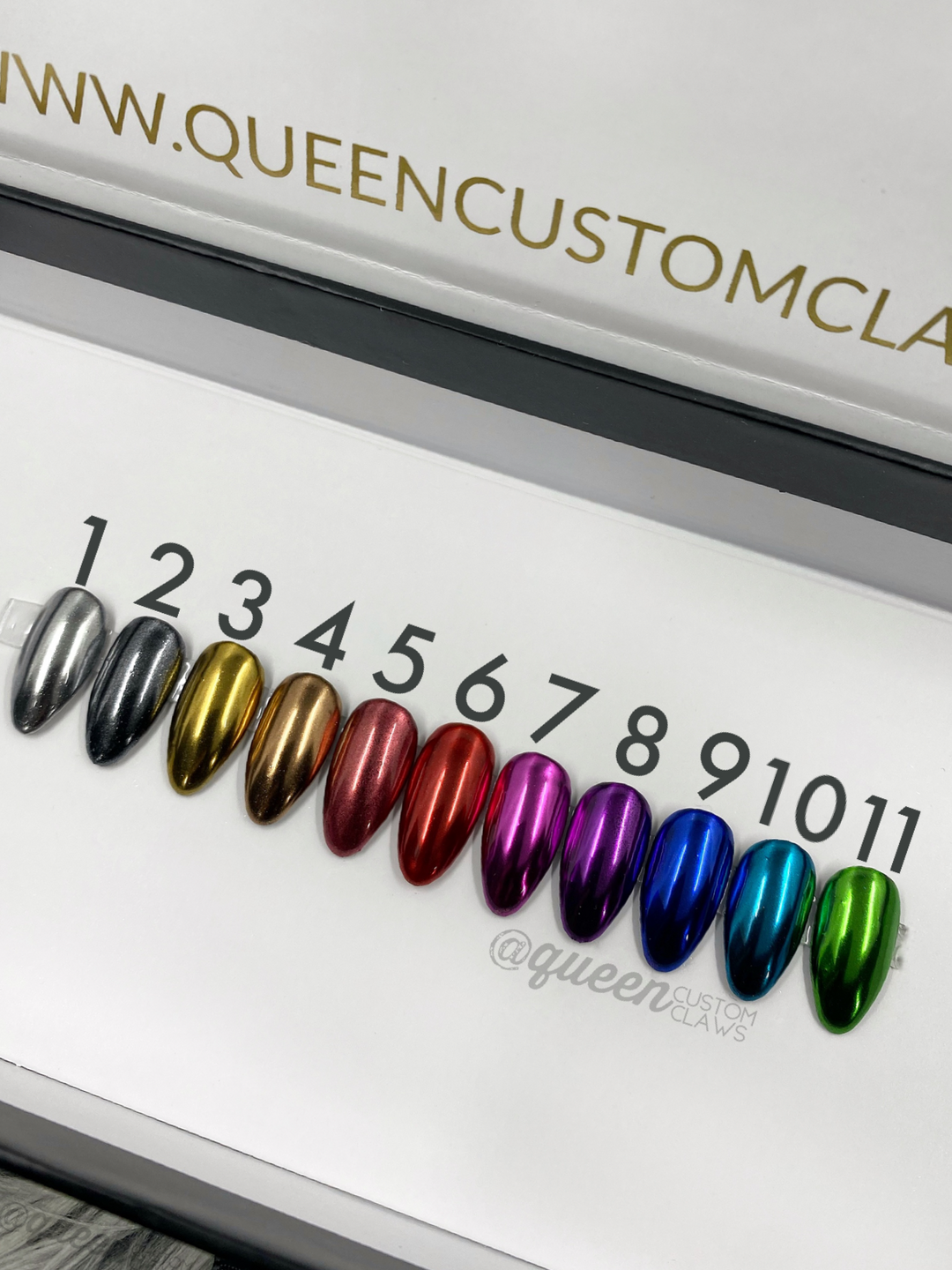 This image shows the variety of chrome colored finishes available on custom handmade press on nails. It features 11 chrome shiny chrome nail finishes. Pink chrome purple chrome blue chrome aqua teal chrome press on nails green chrome press on nails silver chrome press on nails gold chrome nails
