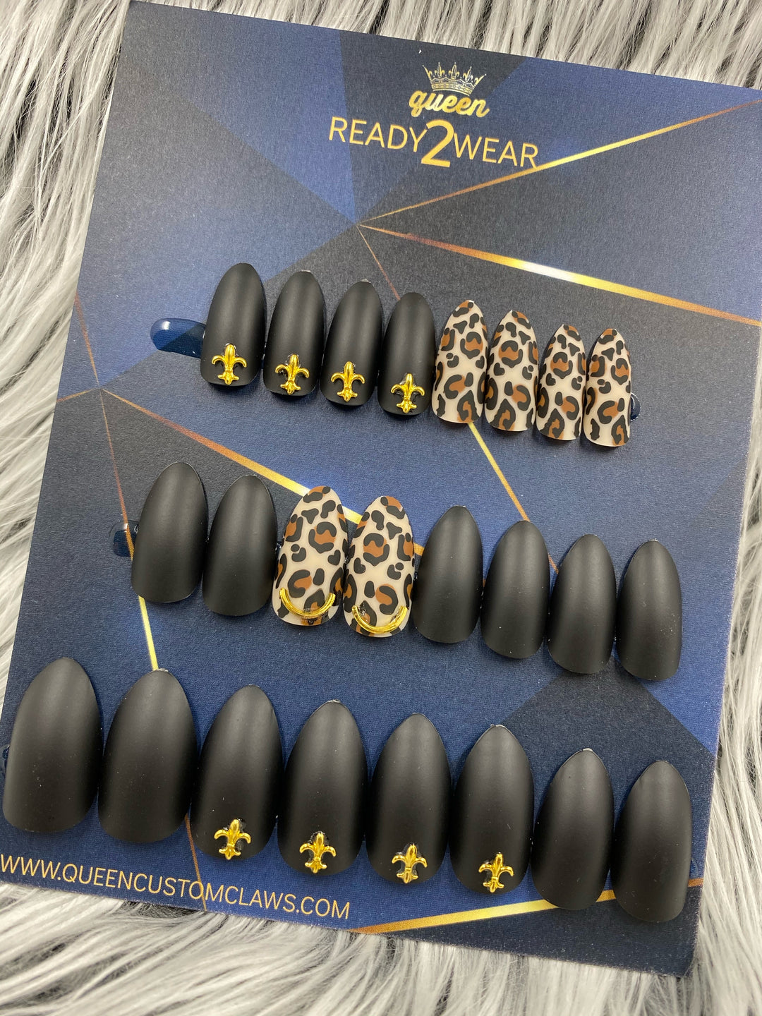 Ready2Wear HMA| Royal Leopard Noir: almond/soft stiletto Press-on nails